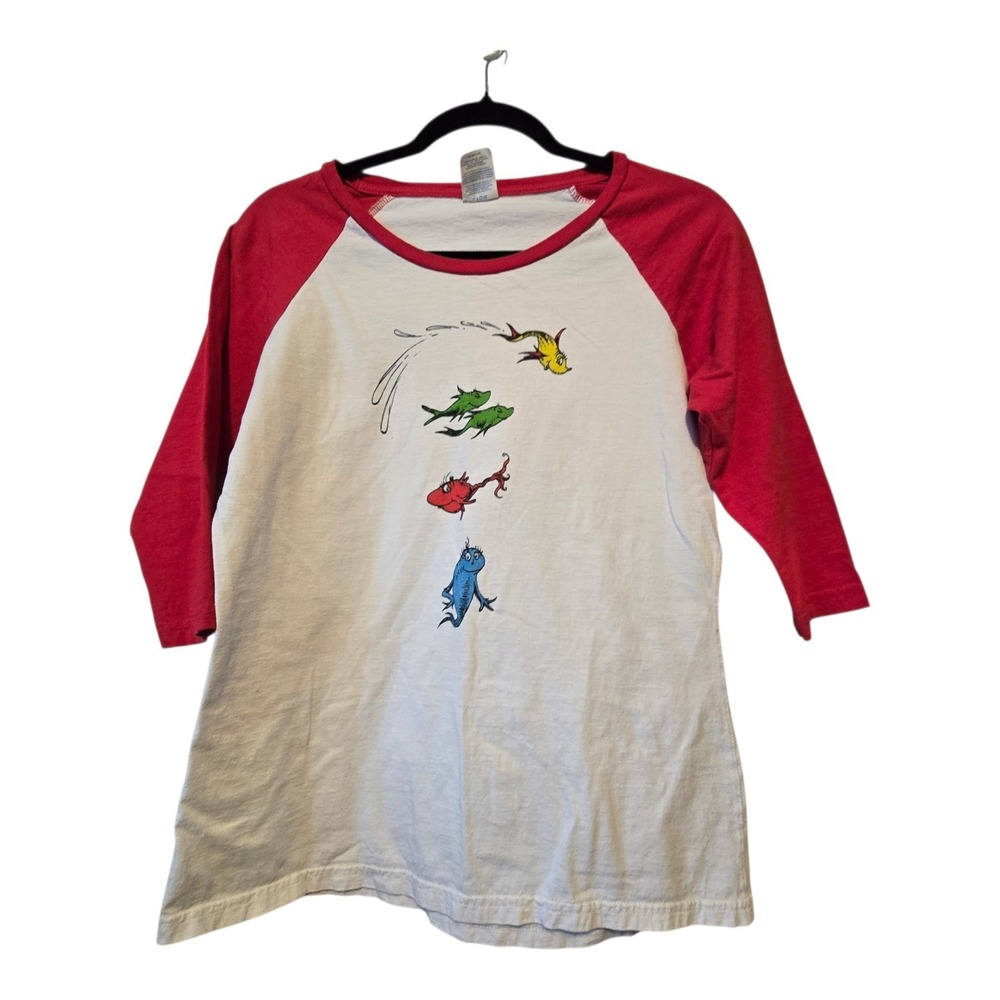 One Fish Two Fish Raglan Baseball T-shirt Womens SM White Red Whimsical Colorful